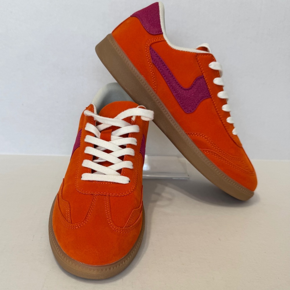Orange Suede Low-Top Sneakers with Purple Accent